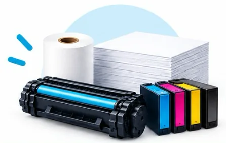 Tóner, cartuchos de tinta de colores, rollo térmico y papel