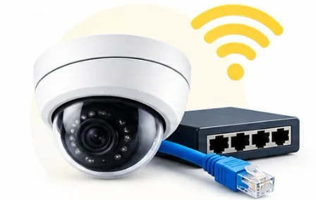 Cámara de videovigilancia tipo domo junto a un switch de red con cable